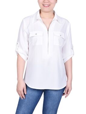 NY Collection Petite 3/4 Roll Tab Sleeve Zip Front Top L petite